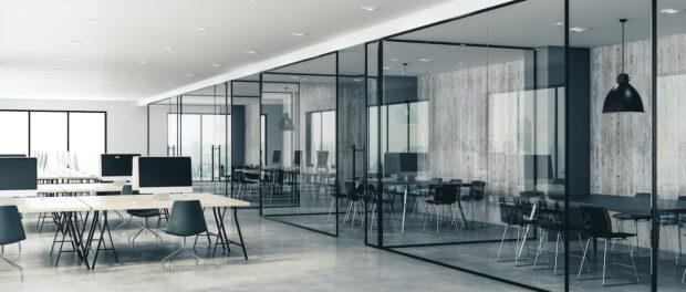 Concrete coworking glass office interior
