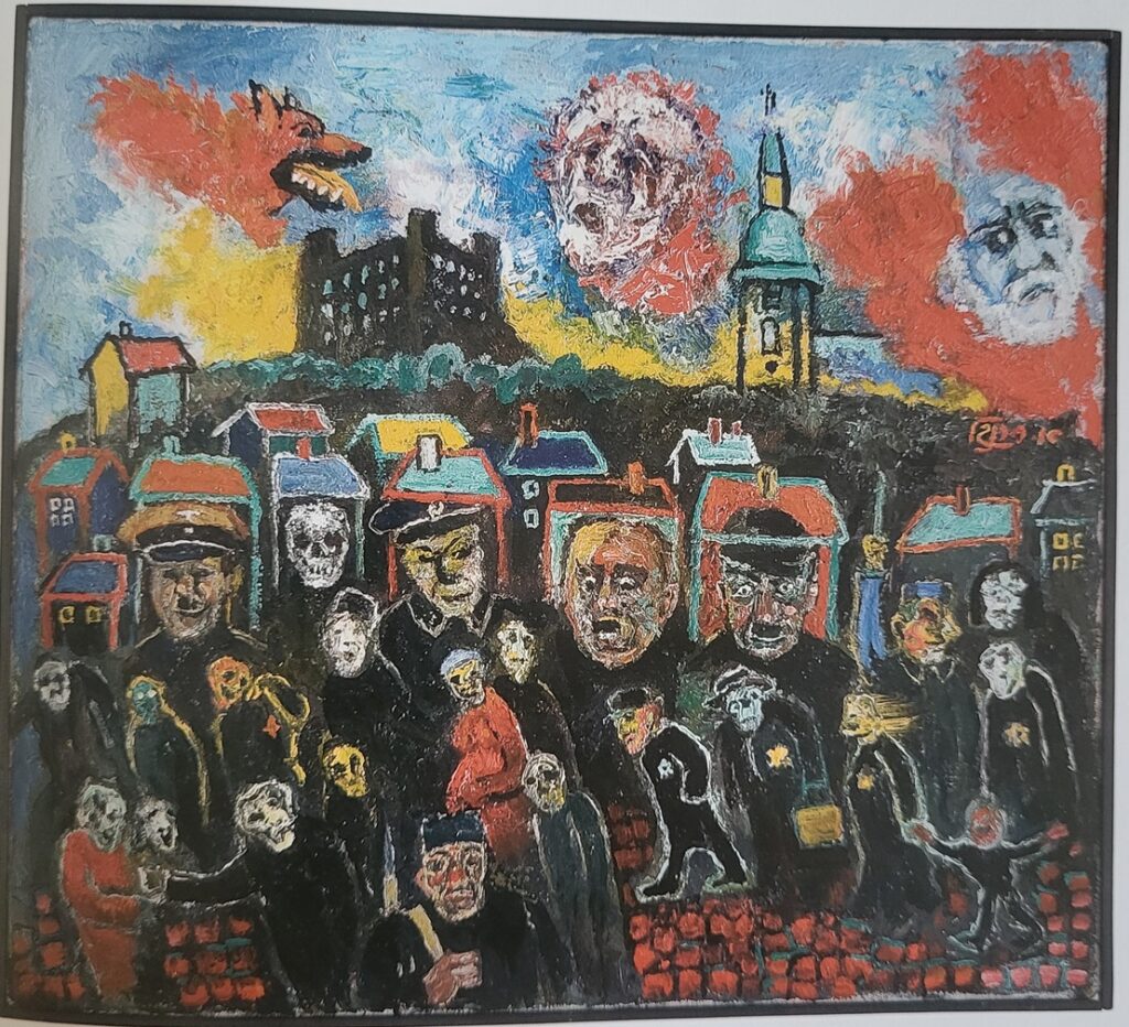 Názov diela: Odvlečenie 1944; Adolf Frankl, nedatované, olej na plátne. Výška 56 cm, šírka 50 cm. Daroval Thomas Frankl a rodina